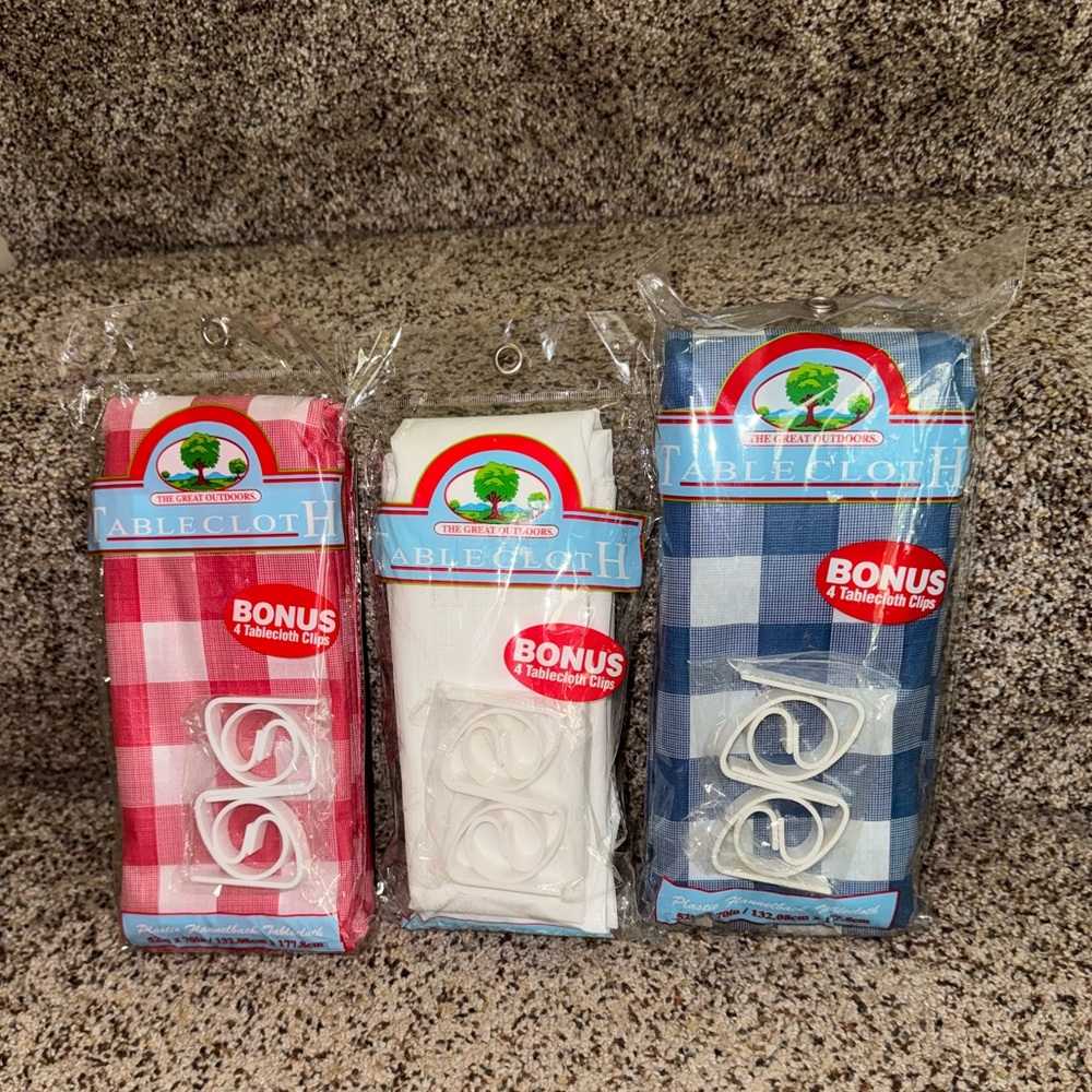 3 Plastic Tablecloths with Flannelbacks plus Tablecloth Clips